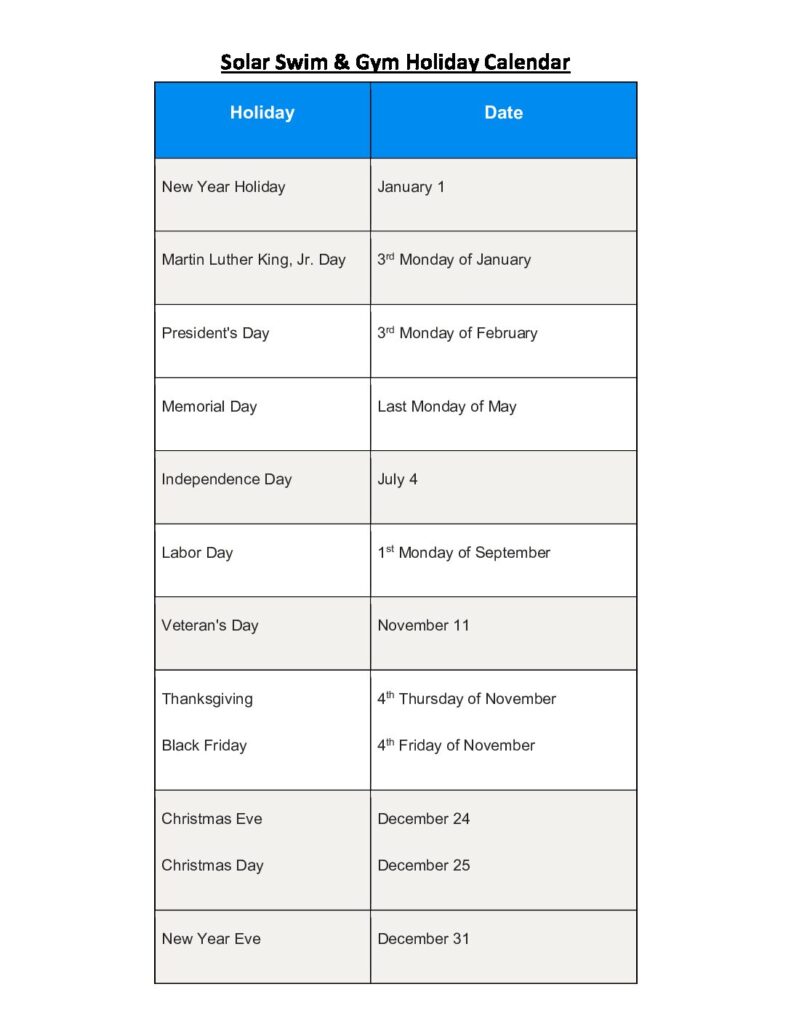 Calendar listing the dates Solar Swim & Gym is closed.